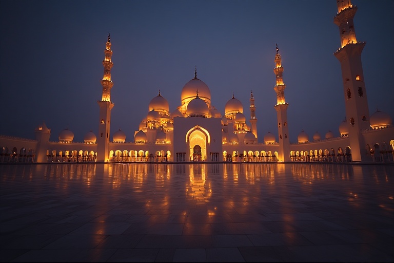 Sheikh Zayed Grand Mosque illuminated at night